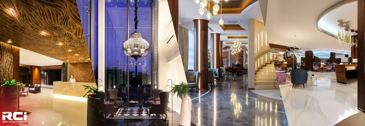 Elegant hotel interior design services in Dubai by RCi RCi Red Chillies Interiors LLC, showcasing luxurious and sophisticated hotel lobbies and reception areas.