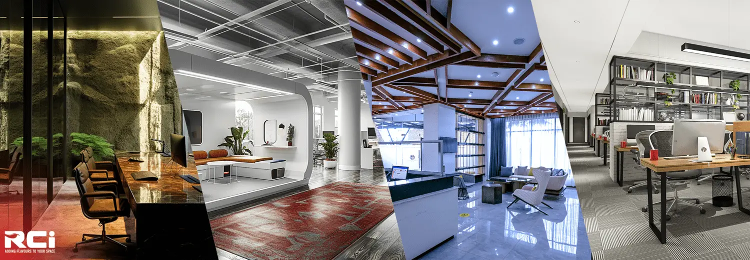 Innovative office interior design in Dubai by RCi Red Chillies Interiors LLC, showcasing modern workspaces, stylish office furniture, creative meeting rooms, and openplan layouts.
