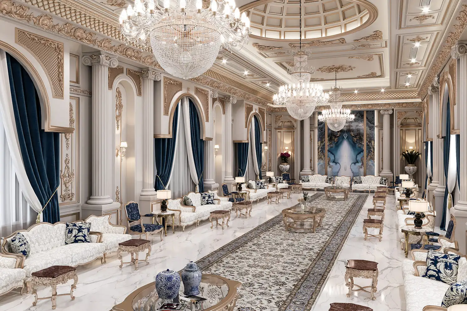 Luxurious Majlis interior design services in Dubai by RCi Red Chillies Interiors LLC, featuring an opulent room with intricate gold detailing, chandeliers, blue velvet curtains, and elegant furnishings.