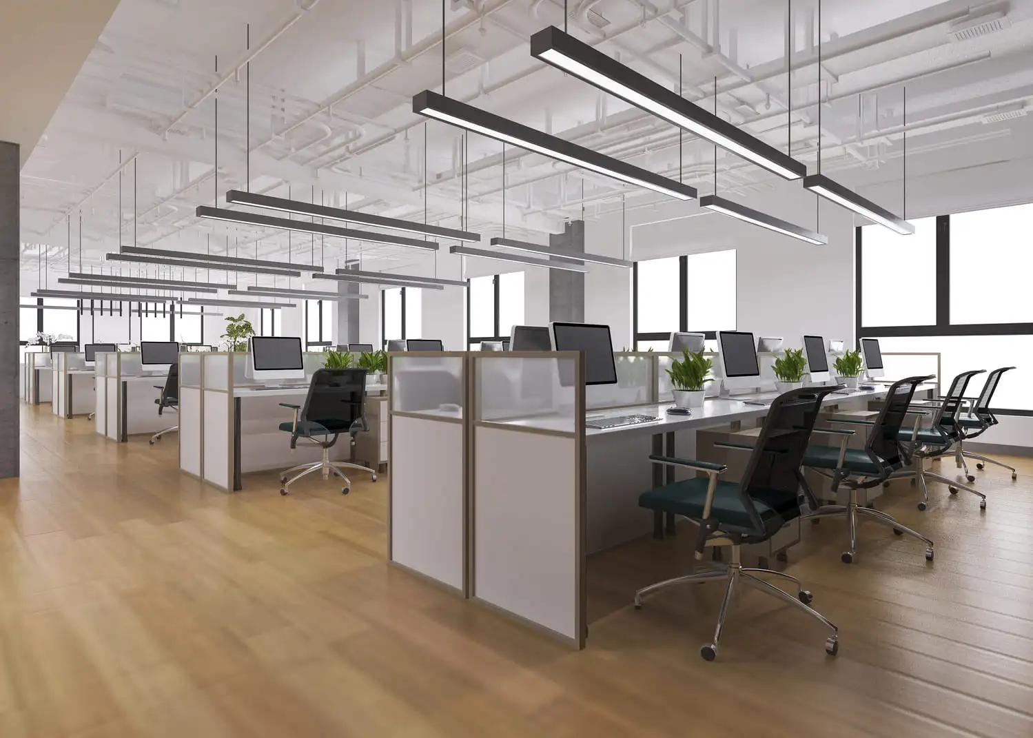 Premier fit out solutions in Dubai by RCi Red Chillies Interiors LLC, showcasing a modern office with sleek workstations, ergonomic chairs, and ample natural light, designed for maximum productivity and comfort