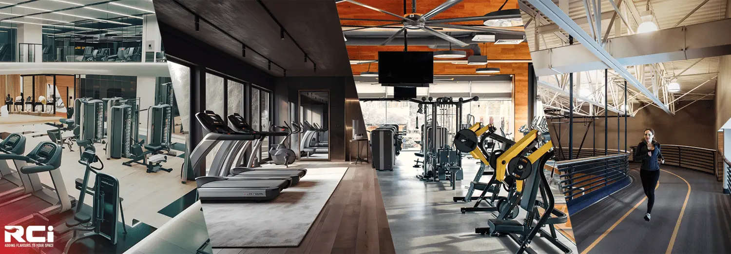 Revolutionary gym and fitness center interior design in Dubai by RCi Red Chillies Interiors LLC, showcasing modern gym equipment, spacious workout areas, innovative lighting, and stylish decor