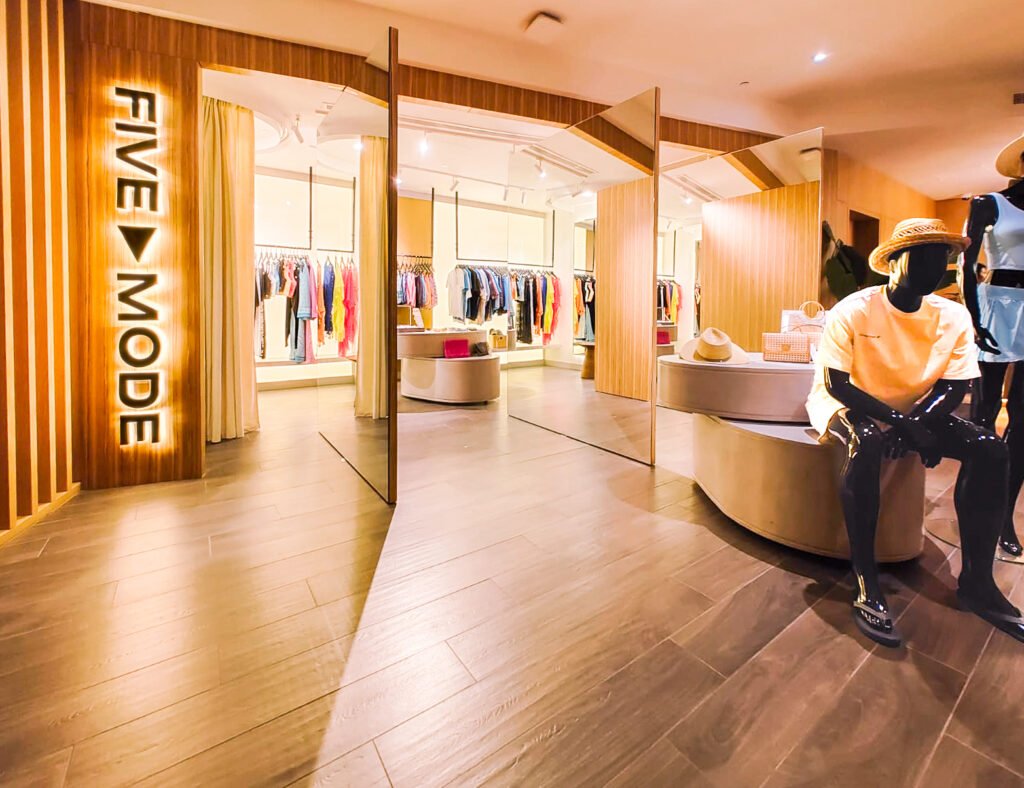 Five Mode at Five Hotel, JVC, Dubai. Entrance of the luxury clothing brand Five Mode store.